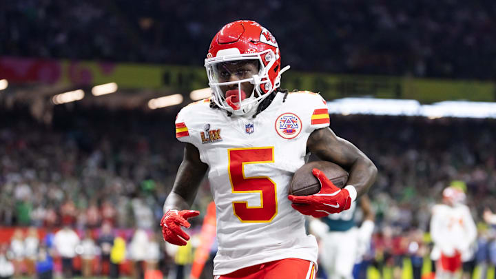 Feb 9, 2025; New Orleans, LA, USA; Kansas City Chiefs wide receiver Marquise Brown (5) against the Philadelphia Eagles in Super Bowl LIX at Ceasars Superdome. Mandatory Credit: Mark J. Rebilas-Imagn Images Feb 9, 2025; New Orleans, LA, USA; Kansas City Chiefs wide receiver Marquise Brown (5) against the Philadelphia Eagles in Super Bowl LIX at Ceasars Superdome. Mandatory Credit: Mark J. Rebilas-Imagn Images