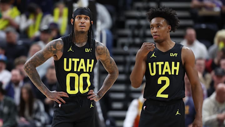 Mar 6, 2024; Salt Lake City, Utah, USA; Utah Jazz guard Jordan Clarkson (00) and guard Collin Sexton (2) speak during a second quarter break in action against the Chicago Bulls at Delta Center. Mandatory Credit: Rob Gray-Imagn Images