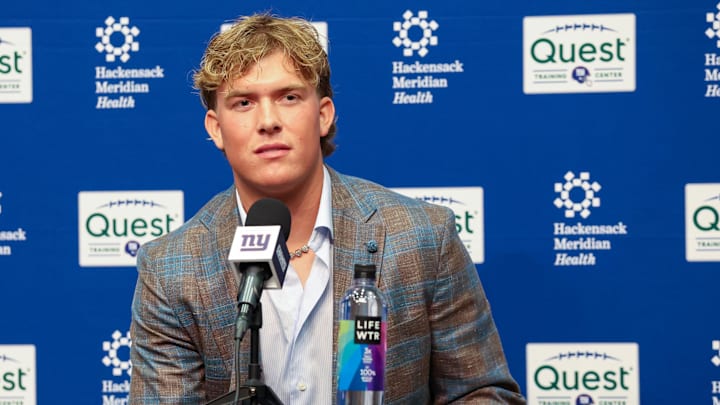 Apr 25, 2025; East Rutherford, NJ, US;  New York Giants first-round draft pick, Jaxson Dart, takes questions from the media during his introduction press conference. New York Giants  