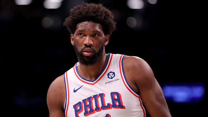 Nov 19, 2023; Brooklyn, New York, USA; Philadelphia 76ers center Joel Embiid (21) during the second quarter against the Brooklyn Nets at Barclays Center. Mandatory Credit: Brad Penner-Imagn Images