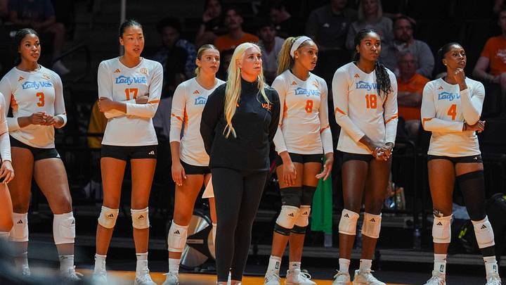Tennessee volleyball coach Eve Rackham Watt watches a NCAA volleyball game between Tennessee and Illinois at Thompson-Boling Arena at Food City Center in Knoxville, Tenn., on Sept. 1, 2026. Tennessee volleyball coach Eve Rackham Watt watches a NCAA volleyball game between Tennessee and Illinois at Thompson-Boling Arena at Food City Center in Knoxville, Tenn., on Sept. 1, 2026.