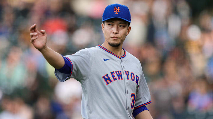 Jun 6, 2025; Denver, Colorado, USA; New York Mets starting pitcher Kodai Senga (34) in the first inning against the Colorado Rockies at Coors Field. Mandatory Credit: Isaiah J. Downing-Imagn Images
