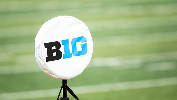 Aug 9, 2025; A detail view of a logo for the Big Ten Conference is seen during the Hawkeyes Kids Day NCAA football open practice at Kinnick Stadium in Iowa City, Iowa. Mandatory Credit: Joseph Cress for the Des Moines Register