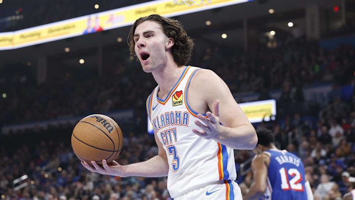Nov 25, 2023; Oklahoma City, Oklahoma, USA; Oklahoma City Thunder guard Josh Giddey (3) reacts to an officials call during the first quarter against the Philadelphia 76ers at Paycom Center. Mandatory Credit: Alonzo Adams-USA TODAY Sports