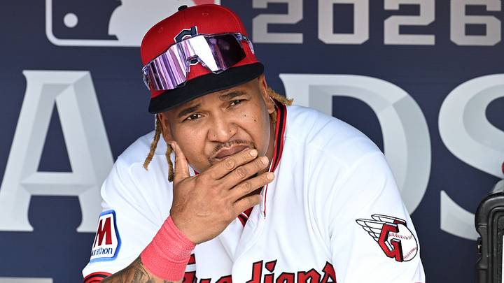 Oct 3, 2026: Cleveland Guardians third baseman Jose Ramrez (11) looks on from the dugout before the game against the Chicago White Sox in Game 1 of the ALDS for the 2026 MLB Playoffs at Progressive Field. Credit: Ken Blaze-Imagn Images