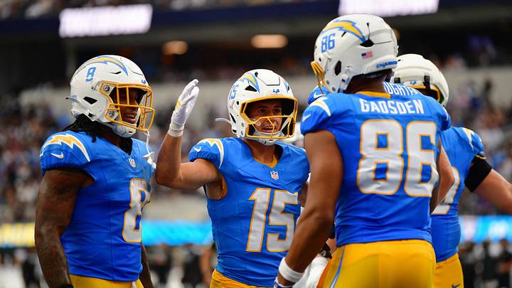 Sep 20, 2026; Inglewood, California, USA;  Los Angeles Chargers wide receiver Ladd McConkey (15) celebrates with Los Angeles Chargers tight end Oronde Gadsden (86) after a touchdown against the Las Vegas Raiders during the second half at SoFi Stadium.  Mandatory Credit: Gary A. Vasquez-Imagn Images