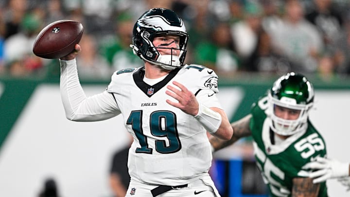 Aug 22, 2025; East Rutherford, New Jersey, USA; Philadelphia Eagles quarterback Kyle McCord (19) looks to pass the ball during the first quarter against the New York Jets at MetLife Stadium. Mandatory Credit: Mark Smith-Imagn Images