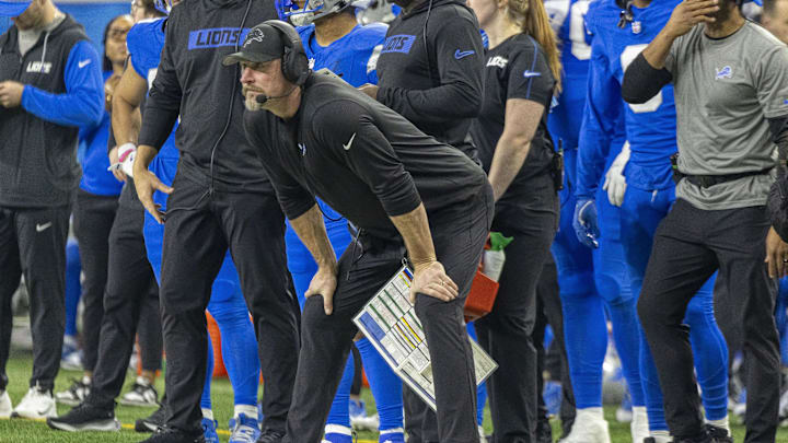 Jan 18, 2025; Detroit, Michigan, USA; Detroit Lions head coach Dan Campbell looks on during the second quarter against the Washington Commanders at Ford Field. Mandatory Credit: David Reginek-Imagn Images