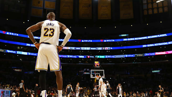 Apr 27, 2024; Los Angeles, California, USA; Los Angeles Lakers forward LeBron James (23) during the