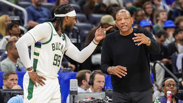 Apr 14, 2024; Orlando, Florida, USA; Milwaukee Bucks head coach Doc Rivers talks with Milwaukee Bucks forward Jae Crowder (99) during the second quarter against the Orlando Magic at KIA Center. Mandatory Credit: Mike Watters-Imagn Images Apr 14, 2024; Orlando, Florida, USA; Milwaukee Bucks head coach Doc Rivers talks with Milwaukee Bucks forward Jae Crowder (99) during the second quarter against the Orlando Magic at KIA Center. Mandatory Credit: Mike Watters-Imagn Images