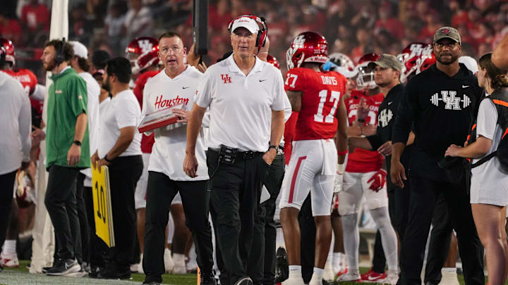 Sep 14, 2024; Houston, Texas, USA; Houston Cougars Head Coach Willie Fritz in the second quarter at TDECU Stadium. Mandatory Credit: Sean Thomas-Imagn Images