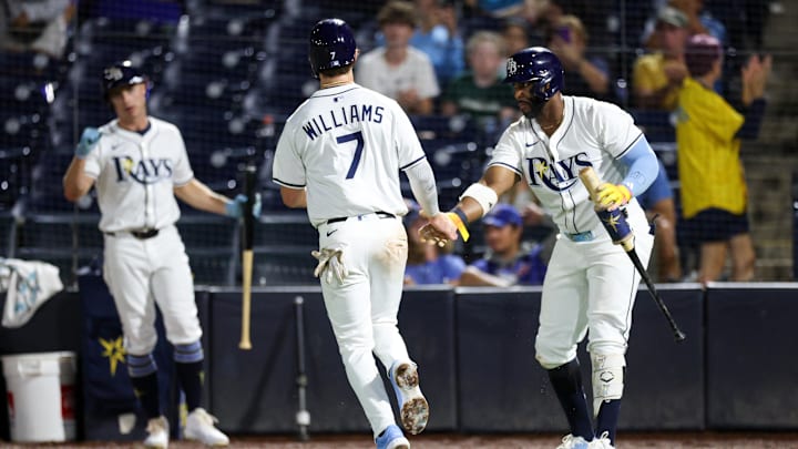 Sep 17, 2025; Tampa, Florida, USA; Tampa Bay Rays shortstop Carson Williams (7) greets designated hitter Yandy Diaz (2) after scoring a run against the Toronto Blue Jays in the seventh inning at George M. Steinbrenner Field. Mandatory Credit: Nathan Ray Seebeck-Imagn Images Sep 17, 2025; Tampa, Florida, USA; Tampa Bay Rays shortstop Carson Williams (7) greets designated hitter Yandy Diaz (2) after scoring a run against the Toronto Blue Jays in the seventh inning at George M. Steinbrenner Field. Mandatory Credit: Nathan Ray Seebeck-Imagn Images