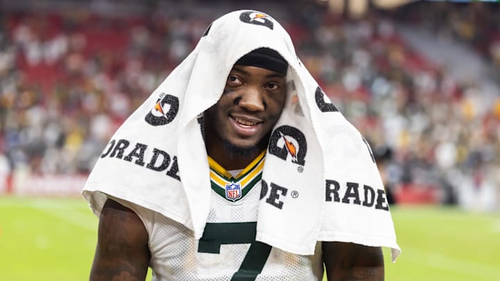 Oct 19, 2025; Glendale, Arizona, USA; Green Bay Packers linebacker Quay Walker (7) against the Arizona Cardinals at State Farm Stadium. Mandatory Credit: Mark J. Rebilas-Imagn Images Oct 19, 2025; Glendale, Arizona, USA; Green Bay Packers linebacker Quay Walker (7) against the Arizona Cardinals at State Farm Stadium. Mandatory Credit: Mark J. Rebilas-Imagn Images