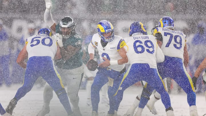 Jan 19, 2025; Philadelphia, Pennsylvania, USA; Los Angeles Rams quarterback Matthew Stafford (9) in action against the Philadelphia Eagles in a 2025 NFC divisional round game at Lincoln Financial Field. Mandatory Credit: Bill Streicher-Imagn Images Jan 19, 2025; Philadelphia, Pennsylvania, USA; Los Angeles Rams quarterback Matthew Stafford (9) in action against the Philadelphia Eagles in a 2025 NFC divisional round game at Lincoln Financial Field. Mandatory Credit: Bill Streicher-Imagn Images