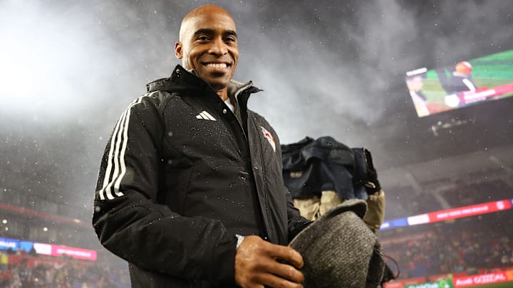Mar 9, 2024; Harrison, New Jersey, USA; New York Giants former running back Tiki Barber walks out for the coin flip before the match between the New York Red Bulls and FC Dallas at Red Bull Arena. Mar 9, 2024; Harrison, New Jersey, USA; New York Giants former running back Tiki Barber walks out for the coin flip before the match between the New York Red Bulls and FC Dallas at Red Bull Arena.
