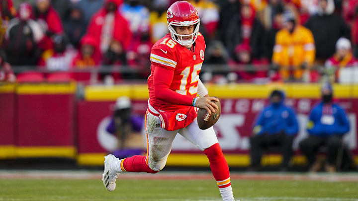 Dec 14, 2025; Kansas City, Missouri, USA; Kansas City Chiefs quarterback Patrick Mahomes (15) runs the ball during the second half against the Los Angeles Chargers at GEHA Field at Arrowhead Stadium. Mandatory Credit: Jay Biggerstaff-Imagn Images Dec 14, 2025; Kansas City, Missouri, USA; Kansas City Chiefs quarterback Patrick Mahomes (15) runs the ball during the second half against the Los Angeles Chargers at GEHA Field at Arrowhead Stadium. Mandatory Credit: Jay Biggerstaff-Imagn Images