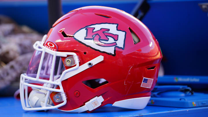 Nov 10, 2024; Kansas City, Missouri, USA; A general view of a Kansas City Chiefs helmet after the win over the Denver Broncos at GEHA Field at Arrowhead Stadium. Mandatory Credit: Denny Medley-Imagn Images