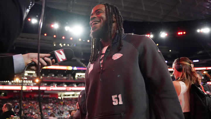 Feb 5, 2024; Las Vegas, NV, USA; Kansas City Chiefs defensive end Mike Danna (51) talks to the media during Super Bowl LVIII Opening Night. Mandatory Credit: Lucas Peltier-USA TODAY Sports