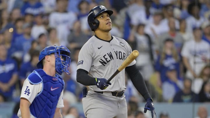 Oct 26, 2024; Los Angeles, California, USA; New York Yankees outfielder Juan Soto (22) hits a solo home run in the third inning against the Los Angeles Dodgers during game two of the 2024 MLB World Series at Dodger Stadium. Mandatory Credit: Jayne Kamin-Oncea-Imagn Images Oct 26, 2024; Los Angeles, California, USA; New York Yankees outfielder Juan Soto (22) hits a solo home run in the third inning against the Los Angeles Dodgers during game two of the 2024 MLB World Series at Dodger Stadium. Mandatory Credit: Jayne Kamin-Oncea-Imagn Images