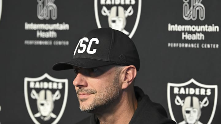 Apr 25, 2025; Henderson, NV, USA; (L-R) Las Vegas Raiders general manager John Spytek during a news conference introducing Ashton Jeanty as the first round draft pick in the 2025 NFL Draft at Intermountain Health Performance Center. Mandatory Credit: Candice Ward-Imagn Images