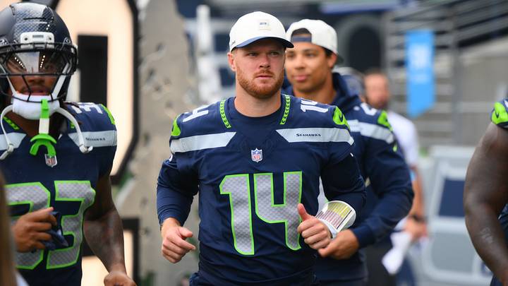 Seattle Seahawks quarterback Sam Darnold (14) before the game against the Dallas Cowboys at Lumen Field.