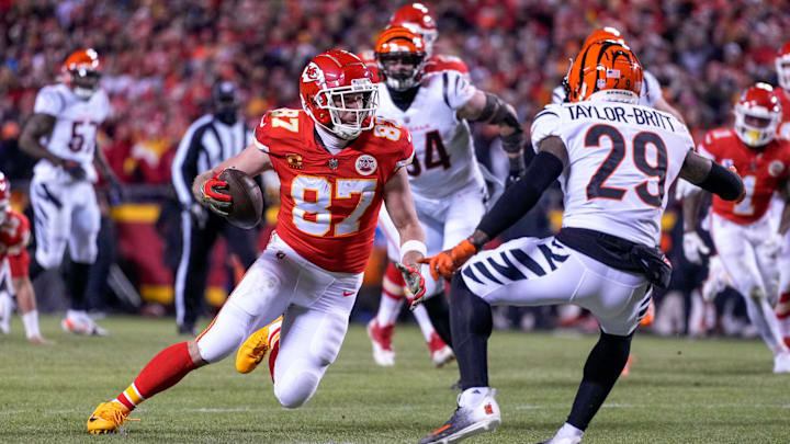 Kansas City Chiefs tight end Travis Kelce (87) cuts against Cincinnati Bengals cornerback Cam Taylor-Britt (29) in the first quarter of the AFC championship NFL game between the Cincinnati Bengals and the Kansas City Chiefs, Sunday, Jan. 29, 2023, at Arrowhead Stadium in Kansas City, Mo. The Chiefs led 13-6 at halftime.
Cincinnati Bengals At Kansas City Chiefs Afc Championship Jan 29 033 Kansas City Chiefs tight end Travis Kelce (87) cuts against Cincinnati Bengals cornerback Cam Taylor-Britt (29) in the first quarter of the AFC championship NFL game between the Cincinnati Bengals and the Kansas City Chiefs, Sunday, Jan. 29, 2023, at Arrowhead Stadium in Kansas City, Mo. The Chiefs led 13-6 at halftime.
Cincinnati Bengals At Kansas City Chiefs Afc Championship Jan 29 033
