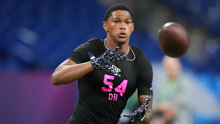 Feb 27, 2026; Indianapolis, IN, USA; Penn State defensive back Zakee Wheatley (DB54) during the NFL Scouting Combine at Lucas Oil Stadium. Mandatory Credit: Kirby Lee-Imagn Images