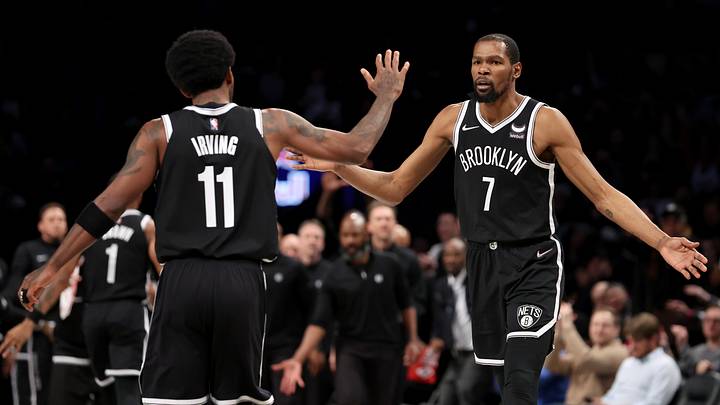Mar 29, 2022; Brooklyn, New York, USA; Brooklyn Nets forward Kevin Durant (7) high fives guard Kyrie Irving (11) during the third quarter against the Detroit Pistons at Barclays Center. The Nets defeated the Pistons 130-123. Mandatory Credit: Brad Penner-USA TODAY Sports Mar 29, 2022; Brooklyn, New York, USA; Brooklyn Nets forward Kevin Durant (7) high fives guard Kyrie Irving (11) during the third quarter against the Detroit Pistons at Barclays Center. The Nets defeated the Pistons 130-123. Mandatory Credit: Brad Penner-USA TODAY Sports