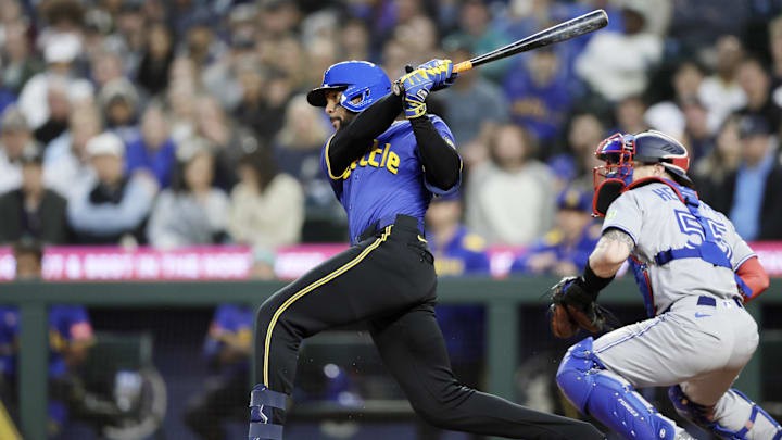Seattle Mariners right fielder Leody Taveras hits an RBI double during a game against the Toronto Blue Jays on May 9 at T-Mobile Park.