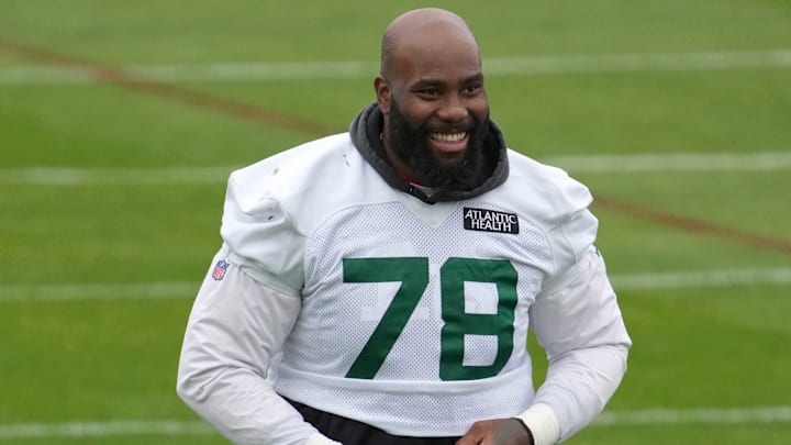 Oct 8, 2021; Ware, England, United Kingdom; New York Jets offensive tackle Morgan Moses (78) during a practice at the Manor Marriott Hotel and Country Club.