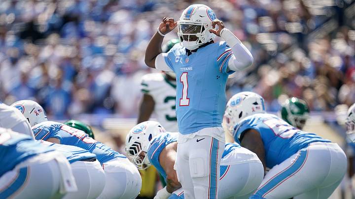 Tennessee Titans quarterback Cam Ward (1) signals to the team during the third quarter against the New York Jets at Nissan Stadium in Nashville, Tenn., Sunday, Sept. 13, 2026. Tennessee Titans quarterback Cam Ward (1) signals to the team during the third quarter against the New York Jets at Nissan Stadium in Nashville, Tenn., Sunday, Sept. 13, 2026.