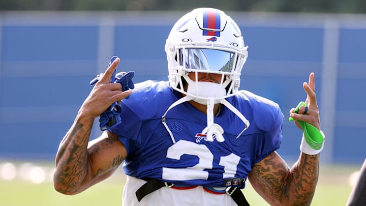 Bills safety Jordan Poyer shares a laugh at the start of practice. Bills safety Jordan Poyer shares a laugh at the start of practice.