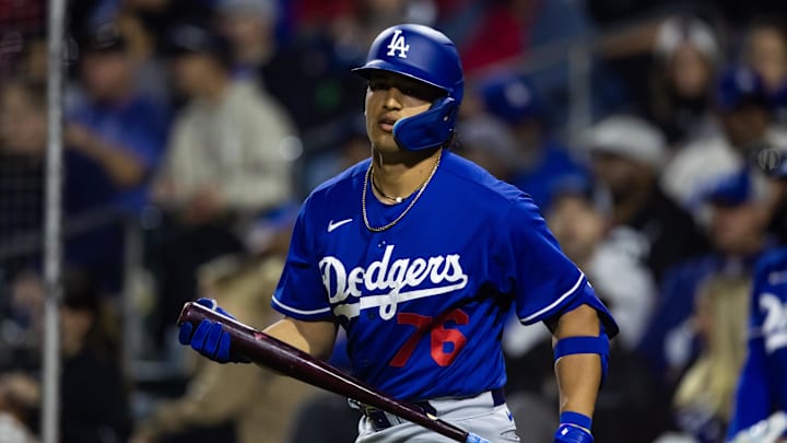 Mar 4, 2023; Surprise, Arizona, USA; Los Angeles Dodgers catcher Diego Cartaya against the Kansas City Royals during a spring training game at Surprise Stadium. Mandatory Credit: Mark J. Rebilas-Imagn Images Mar 4, 2023; Surprise, Arizona, USA; Los Angeles Dodgers catcher Diego Cartaya against the Kansas City Royals during a spring training game at Surprise Stadium. Mandatory Credit: Mark J. Rebilas-Imagn Images