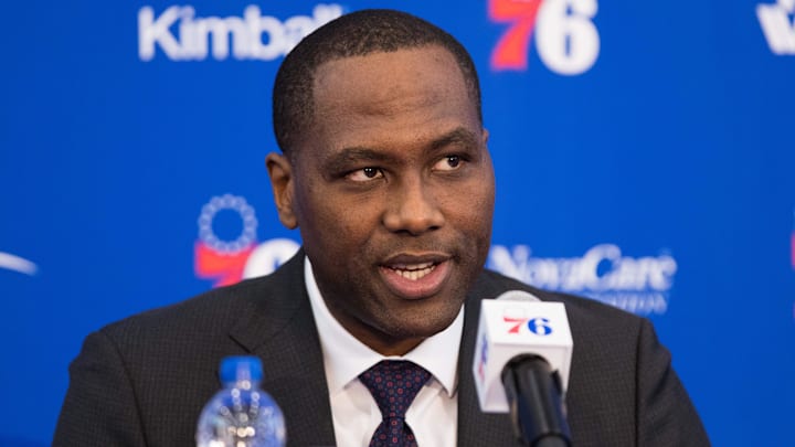 Nov 13, 2018; Camden, NJ, USA; Philadelphia 76ers general manager Elton Brand speaks to the media during a press conference at the Philadelphia 76ers Training Complex. Mandatory Credit: Bill Streicher-Imagn Images Nov 13, 2018; Camden, NJ, USA; Philadelphia 76ers general manager Elton Brand speaks to the media during a press conference at the Philadelphia 76ers Training Complex. Mandatory Credit: Bill Streicher-Imagn Images