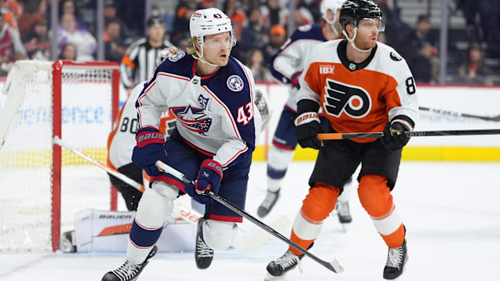 Mar 14, 2026; Philadelphia, Pennsylvania, USA; Columbus Blue Jackets left wing Danton Heinen (43) in action against the Philadelphia Flyers in the first period at Xfinity Mobile Arena. Mandatory Credit: Kyle Ross-Imagn Images