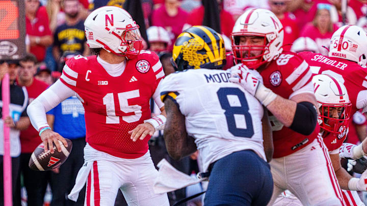 Sep 20, 2025; Lincoln, Nebraska, USA; Nebraska Cornhuskers quarterback Dylan Raiola (15) passes against Michigan Wolverines edge Derrick Moore (8) during the third quarter at Memorial Stadium. Mandatory Credit: Dylan Widger-Imagn Images Sep 20, 2025; Lincoln, Nebraska, USA; Nebraska Cornhuskers quarterback Dylan Raiola (15) passes against Michigan Wolverines edge Derrick Moore (8) during the third quarter at Memorial Stadium. Mandatory Credit: Dylan Widger-Imagn Images