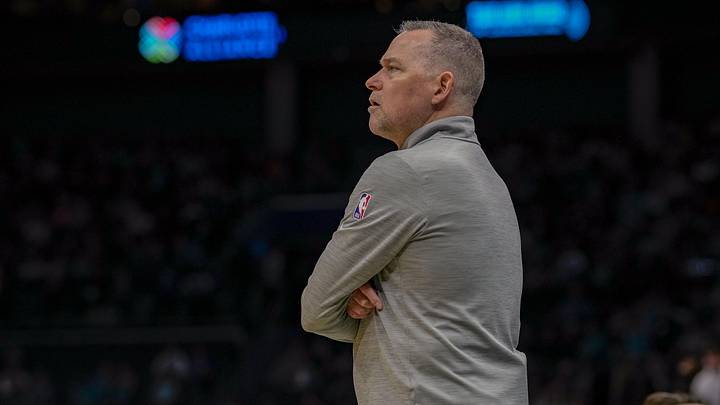 Mar 28, 2022; Charlotte, North Carolina, USA; Denver Nuggets head coach Michael Malone  during the first quarter against the Charlotte Hornets at Spectrum Center. Mandatory Credit: Jim Dedmon-Imagn Images