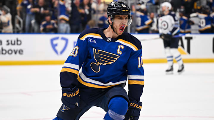 May 2, 2025; St. Louis, Missouri, USA; St. Louis Blues center Brayden Schenn (10) reacts to scoring a goal against the Winnipeg Jets during the second period in game six of the first round of the 2025 Stanley Cup Playoffs at Enterprise Center. Mandatory Credit: Connor Hamilton-Imagn Images