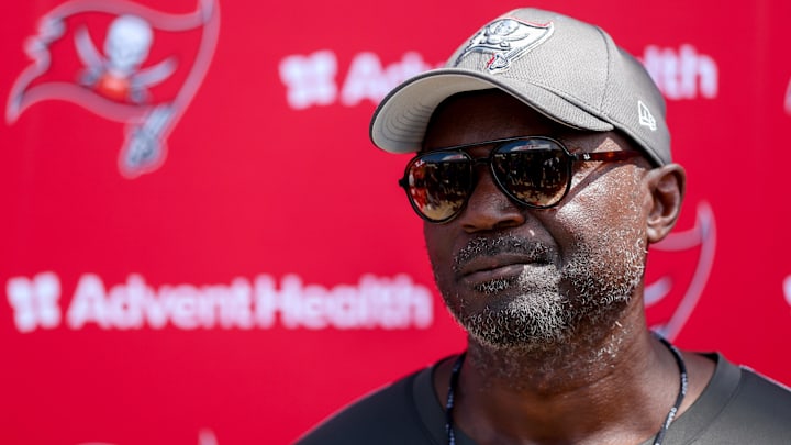 Jun 10, 2025; Tampa Bay, FL, USA; Tampa Bay Buccaneers head coach Todd Bowles gives a press conference after mini camp at AdventHealth Training Center. Mandatory Credit: Nathan Ray Seebeck-Imagn Images