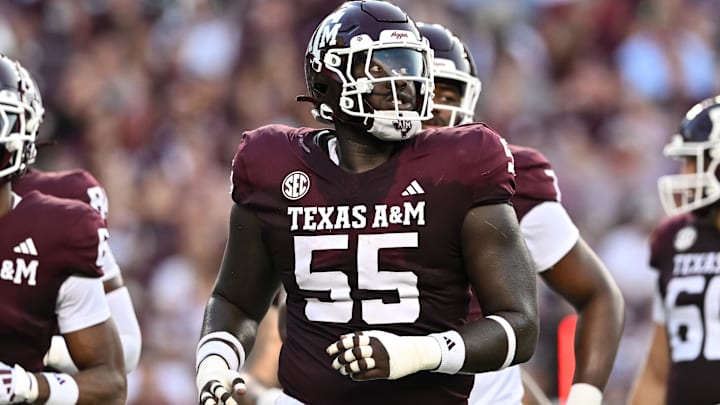 Sep 21, 2024; College Station, Texas, USA; Texas A&M Aggies defensive lineman Dealyn Evans (55) takes the field during the first quarter against the Bowling Green Falcons at Kyle Field. Mandatory Credit: Maria Lysaker-Imagn Images. 