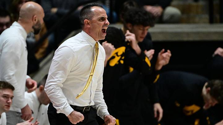 Jan 14, 2026; West Lafayette, Indiana, USA; Iowa Hawkeyes head coach Ben McCollum reacts to a call during the first half against the Purdue Boilermakers at Mackey Arena. Mandatory Credit: Marc Lebryk-Imagn Images