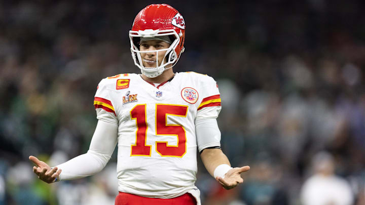Feb 9, 2025; New Orleans, LA, USA; Kansas City Chiefs quarterback Patrick Mahomes (15) reacts against the Philadelphia Eagles in Super Bowl LIX at Ceasars Superdome. Mandatory Credit: Mark J. Rebilas-Imagn Images Feb 9, 2025; New Orleans, LA, USA; Kansas City Chiefs quarterback Patrick Mahomes (15) reacts against the Philadelphia Eagles in Super Bowl LIX at Ceasars Superdome. Mandatory Credit: Mark J. Rebilas-Imagn Images