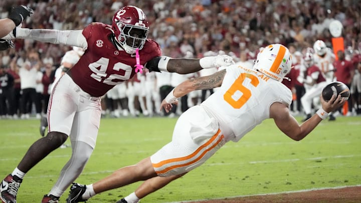 Oct 18, 2025; Tuscaloosa, Alabama, USA; Alabama linebacker Yhonzae Pierre (42) pressures Tennessee quarterback Joey Aguilar (6) into throwing the ball away in the end zone, resulting in a safety in the second quarter at Saban Field at Bryant-Denny Stadium. Mandatory Credit: Gary Cosby-USA TODAY Network via Imagn Images Oct 18, 2025; Tuscaloosa, Alabama, USA; Alabama linebacker Yhonzae Pierre (42) pressures Tennessee quarterback Joey Aguilar (6) into throwing the ball away in the end zone, resulting in a safety in the second quarter at Saban Field at Bryant-Denny Stadium. Mandatory Credit: Gary Cosby-USA TODAY Network via Imagn Images