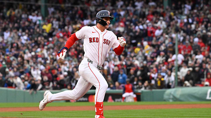 Apr 4, 2026; Foxborough, Massachusetts, USA; Boston Red Sox designated hitter Roman Anthony (19) runs to third base during the fifth inning against the San Diego Padres at Fenway Park. Mandatory Credit: Eric Canha-Imagn Images