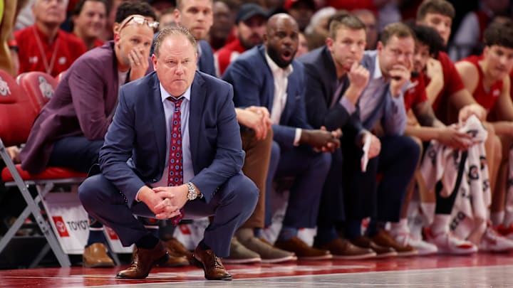 Feb 17, 2026; Columbus, Ohio, USA;  Wisconsin Badgers head coach Greg Gard watches his team during the second half against the Ohio State Buckeyes at Value City Arena. 