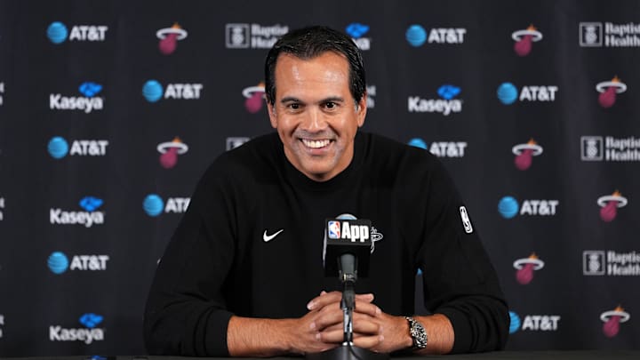 Nov 3, 2025; Inglewood, California, USA; Miami Heat head coach Erik Spoelstra at press conference at the Intuit Dome. Mandatory Credit: Kirby Lee-Imagn Images