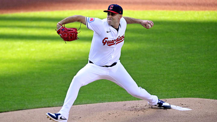 Oct 7, 2024; Cleveland, Ohio, USA; Cleveland Guardians pitcher Matthew Boyd (16) pitches during the first inning during the first inning against the Detroit Tigers during game two of the ALDS for the 2024 MLB Playoffs at Progressive Field. Mandatory Credit: David Richard-Imagn Images