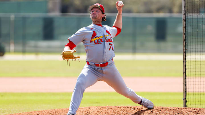 Feb 14, 2026; Jupiter, FL, USA; St. Louis Cardinals pitcher Packy Naughton (71) delivers a pitch during a spring training workout at Roger Dean Chevrolet Stadium. Mandatory Credit: Sam Navarro-Imagn Images