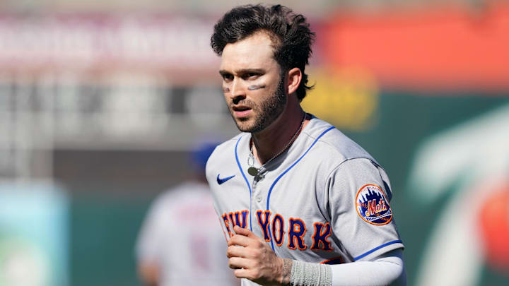  New York Mets right fielder Tyler Naquin (25) during the seventh inning against the Oakland Athletics at RingCentral Coliseum in Oakland, Calif., on Sept. 25, 2022.  