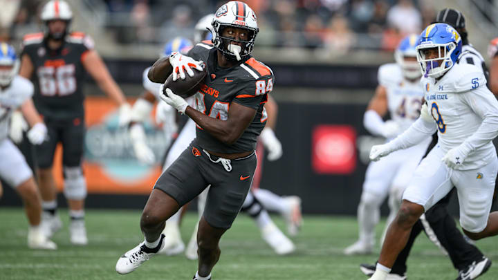 Nov 9, 2024; Corvallis, Oregon, USA; Oregon State Beavers tight end Jermaine Terry II (84) runs the ball after a catch during the second quarter against the San Jose State Spartans at Reser Stadium. Mandatory Credit: Craig Strobeck-Imagn Images